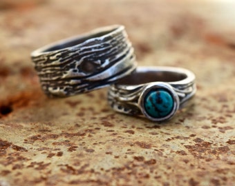 turquoise wedding ring set tree bark artisan woodgrain nature wedding rustic his and hers unique recycled - Turquoise Wedding Ring turquoise wedding ring set tree bark artisan woodgrain nature wedding rustic his and hers unique recycled - Turquoise Wedding Ring
