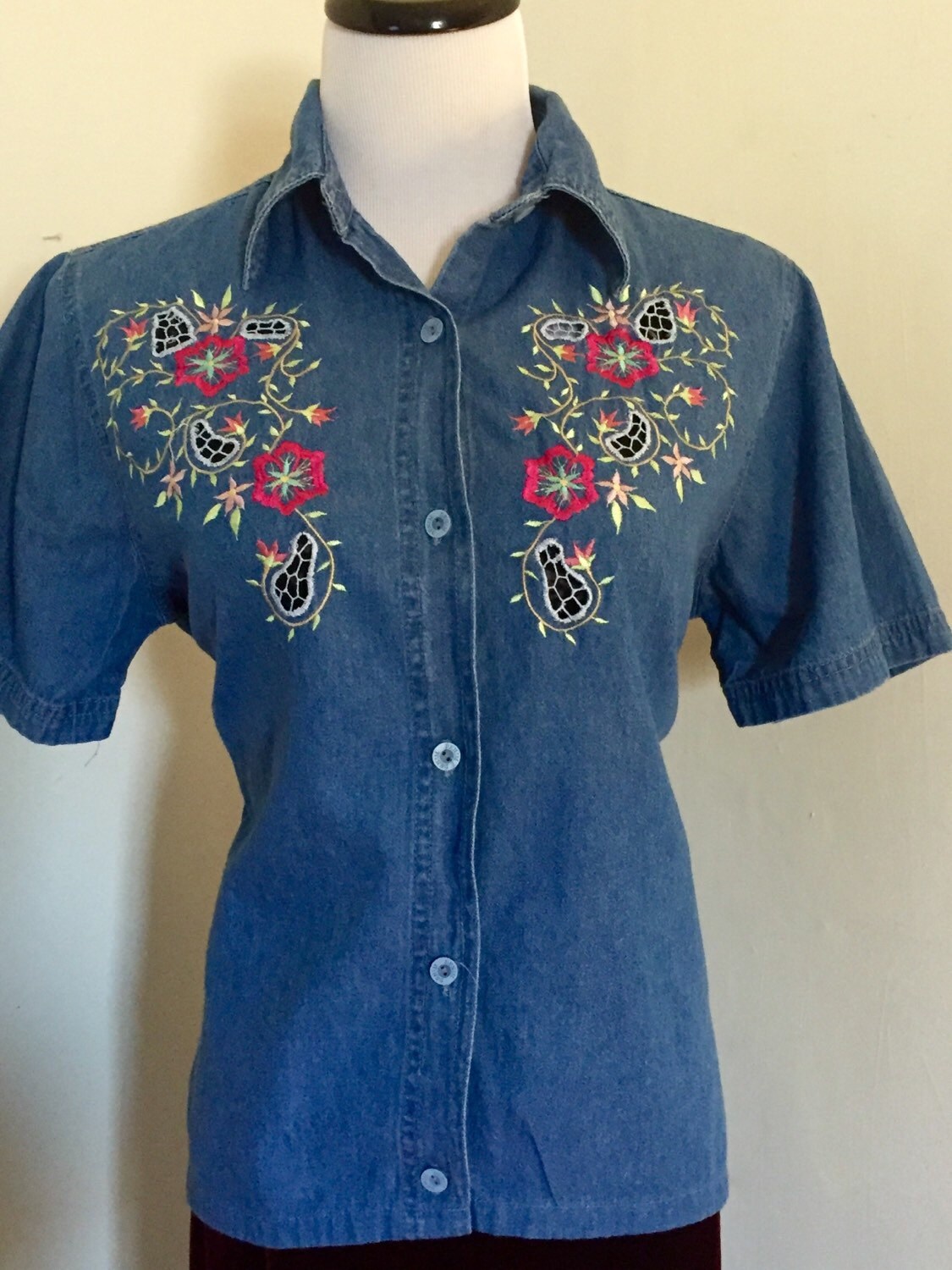 Vintage Denim Embroidered Cutwork Blouse Shirt