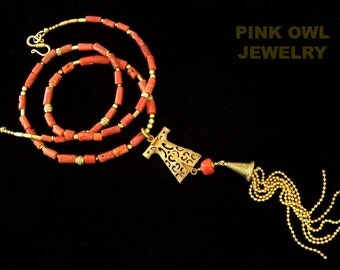 Genuine Italian Coral Necklace Tribal jewelry Tassel Rust Natural rust red Organic Mediterranean coral Primitive Golden Raw Brass Kaftan