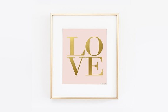 Gold and Pink Love Art Print Gold Love Sign by PennyJaneDesign