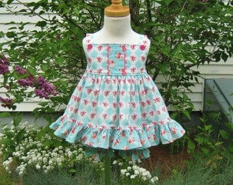 Pink roses on teal, baby girl, dress and bloomers, size 12 Mo, Easter set, sundress, ready to ship, party dress, handmade, pinafore dress