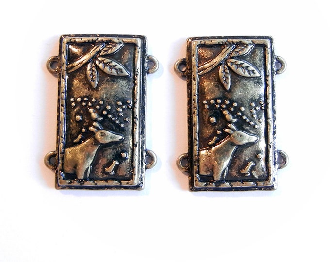 Pair of Double Link Burnished Gold-tone Rectanglular Deer Connector Charms