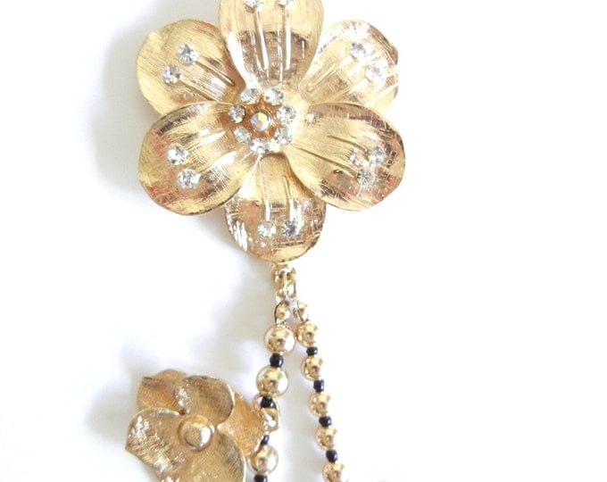 Flower Pendant with Drop Chains with Charms Textured Gold-tone