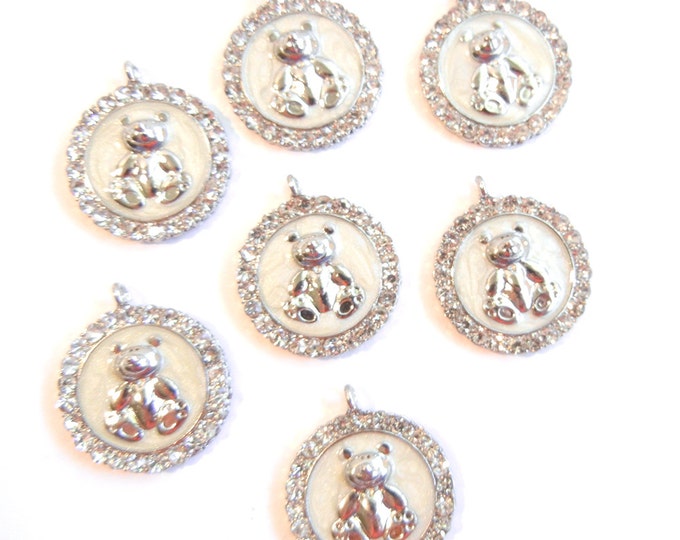 7 Round Silver-tone, White Epoxy Rhinestone Teddy Bear Charms