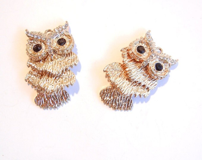 Pair of Gold-tone Articulated Owl Charms Rhinestones