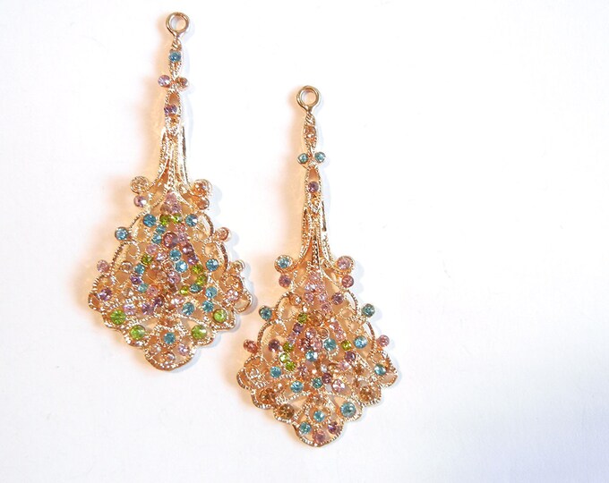 Pair of Gold-tone Filigree Fan Like Drop Charms with Multi Colored Rhinestones