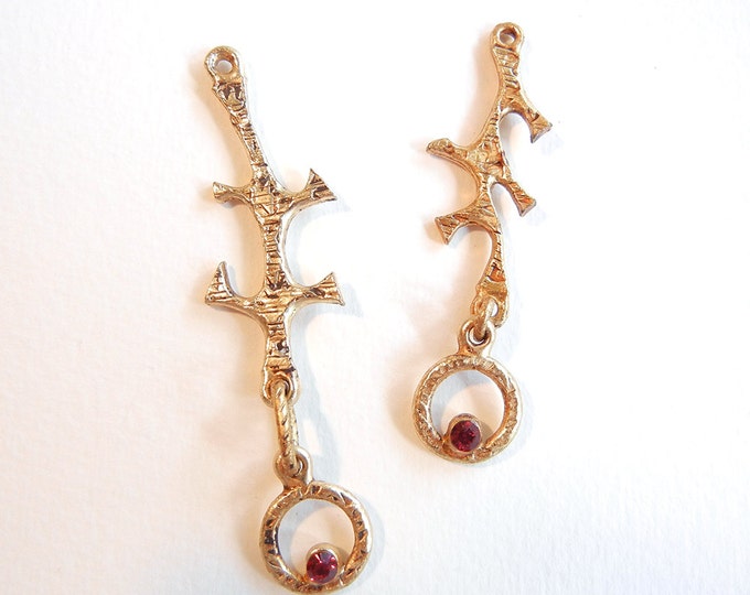 Pair of Abstract Branch Charms with Round Red Rhinestone Drop