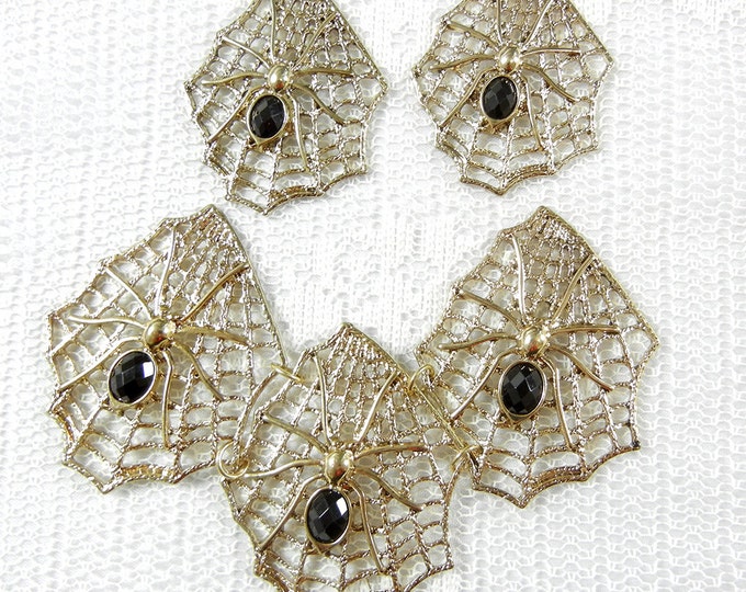 Set of Gold-tone Web and Black Acrylic Faceted Spider Pendant and Charms