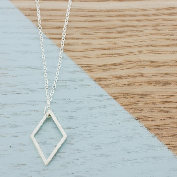 Long Geometric Diamond Necklace - Sterling Silver Handmade Craft Jewellery - Perfect Womans Gift, Chic Craft Jewelry, Box Pendant, Faceted