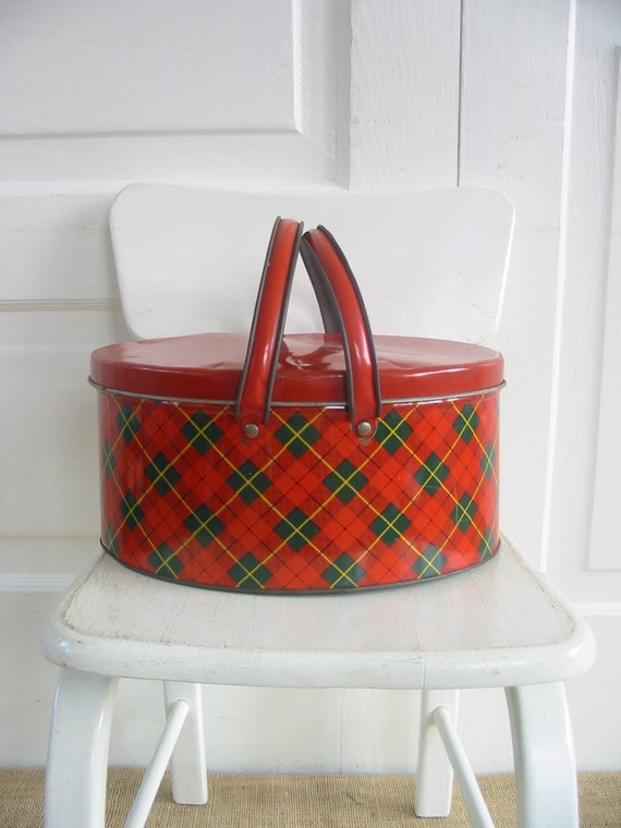 Vintage Plaid Tin Metal Lunch Box Red Green Industrial