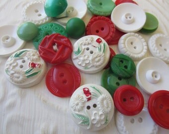 Vintage Buttons - Cottage chic mix of red, white, green lot of 28 old and sweet(sept 13b)