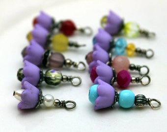 10 Piece Baby Bell Lucite Flower Bead Dangle Charm Drop Set In Purple