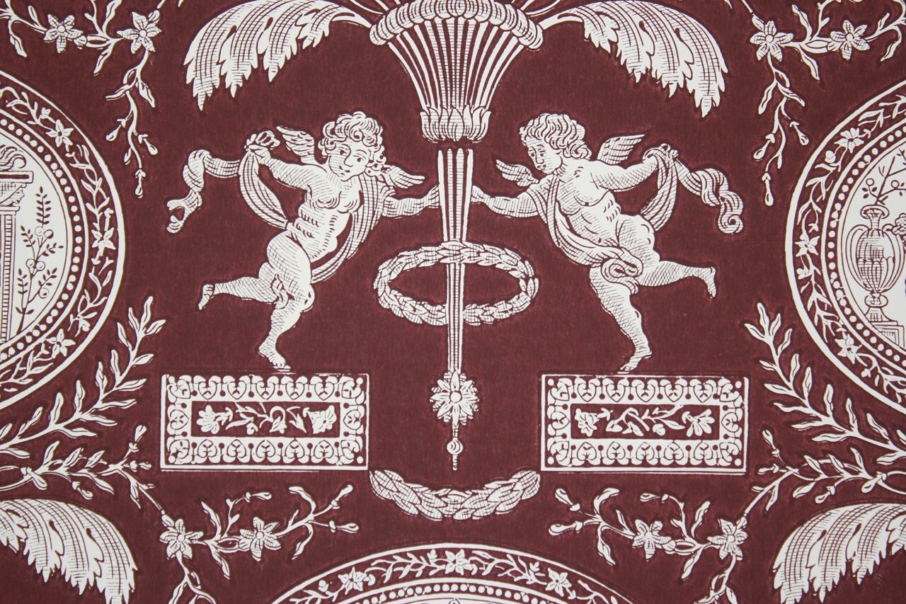 1900s Vintage Wallpaper Cherubs on Burgundy Rare Paul Dumas by
