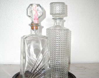 decanters for your bar - set of 2 vintage pressed glass liquor bottles - mad men shabby cottage chic - hollywood regency - hipster barware