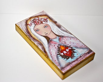 Sacred Love - Giclee print mounted on Wood (3 x 6 inches) Folk Art by FLOR LARIOS
