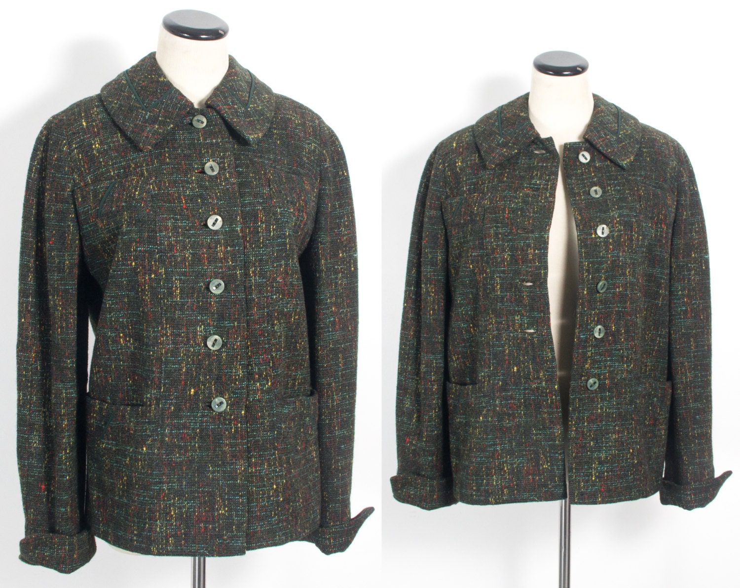 VTG 50's Dark Green Tweed Coat Medium / Large Warm Wool