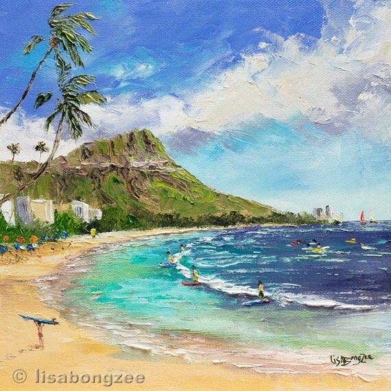 WAIKIKI BEACH SURFING Framed Original Oil Painting Art Hawaii