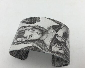 Vintage Woman Bracelet Black and White Decoupage Cuff Bracelet