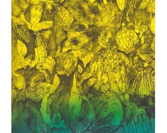 Exotique art graphic poster with exotic flowers on blu, green and yellow
