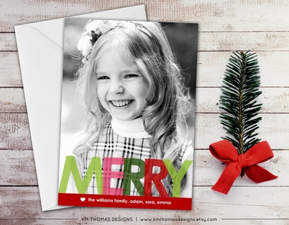 Merry Holiday Photo Card: Christmas Photo Card - Large Merry - Colorful Merry - Red - Full Photo - Printable - WH108 Il_570xn