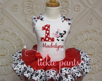 MooCow Birthday Tutu Outfit - Farm - Cow print and RED - Includes embroidered top and ruffled tutu - More colors/animals available