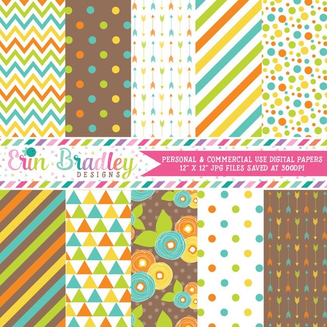 Yellow Blue Orange Green Brown Digital Papers Polka Dots Stripes 