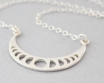 Moon Phases Necklace, Sterling Silver Moon Necklace, Moon Jewelry, Moon Phase Pendant, Celestial Jewelry, Lunar Necklace, Astronomy
