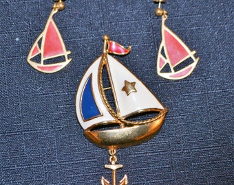 Vintage Nautical Sailboat Brooch and Earrings