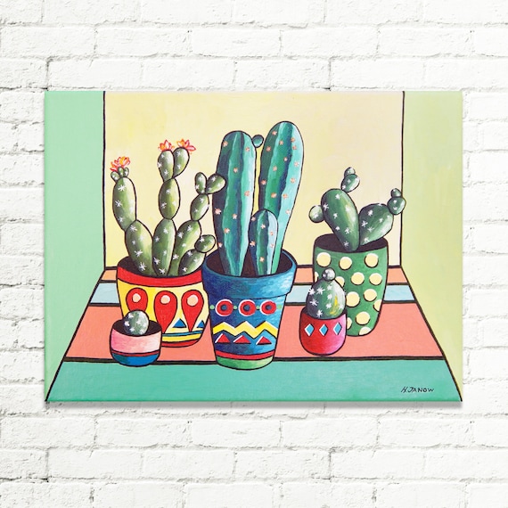 Cactus Art Cactus Painting Whimsical Art by hjmArtGallery on Etsy