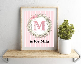 Personalized Nursery Print, Baby Girl Nursery Wall Decor, Custom Name Print, New Mom Gift, Nursery Art, Child Wall Art, Floral Monogram