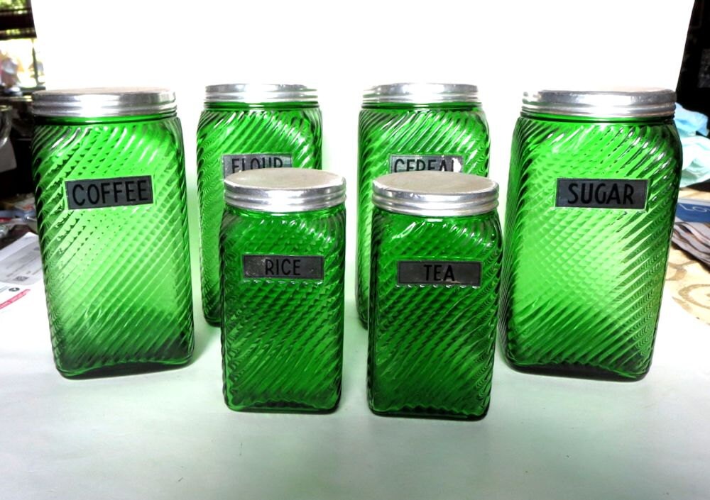 RESERVED for Deb Forest Green Depression Glass Canister Set of