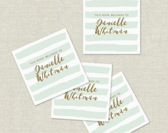 mint and gold custom bookplate stickers, personalized bookplates, mint book labels, book club gift, book lover gift, hostess gift, set of 20