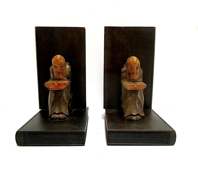 Wood Carved Bookends Chinese Monk 1940s 50s Vintage by CoconutRoad
