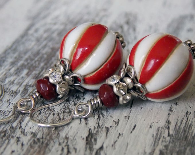 Custom Order for Tamara.. Red and White Striped Beaded Earrings Old Fashioned Striped Peppermint Candy Earrings