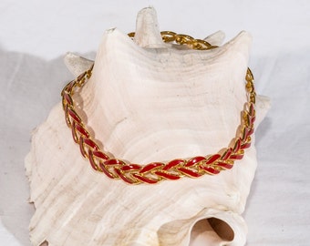 Vintage Napier necklace red enamel gold tone mid century links signed