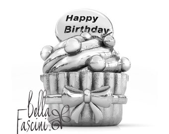Happy BIRTHDAY Cupcake Sterling Silver European Charm Bead Fits: Pandora, Charmed Memories and All Compatible Brands BELLA FASCINI® F-138