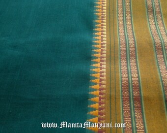 Teal Green Indian Cotton Sari Fabric, Saree Fabric By The Yard, Ethnic Fabric, Blue Indian Sari Fabric, Handloom Fabric, Border Print Fabric
