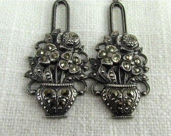 20% off Sale. Circa 1930 Silver and Marcasite Flower Basket Dangle Earrings
