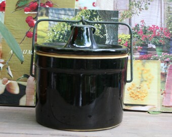 Awesome Brownish Black Cheese or Butter Stoneware Crock with Lid