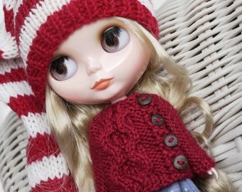 12'' Blythe Licca, Azone S, Pullip Doll Clothes - Sweater Cardigan red-vine-burgundy