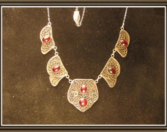 Silver necklace with Garnets in old Russian filigree stile, fine and sterling silver.