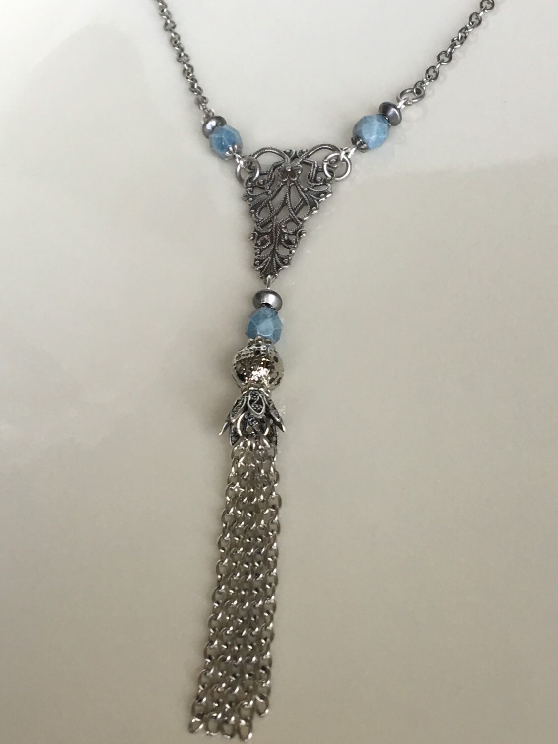 Denim Blue Luster Tassel Victorian Silver Necklace Earrings