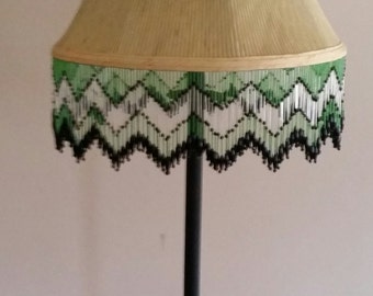 Beige Lamp Shade with Green Beaded Fringe