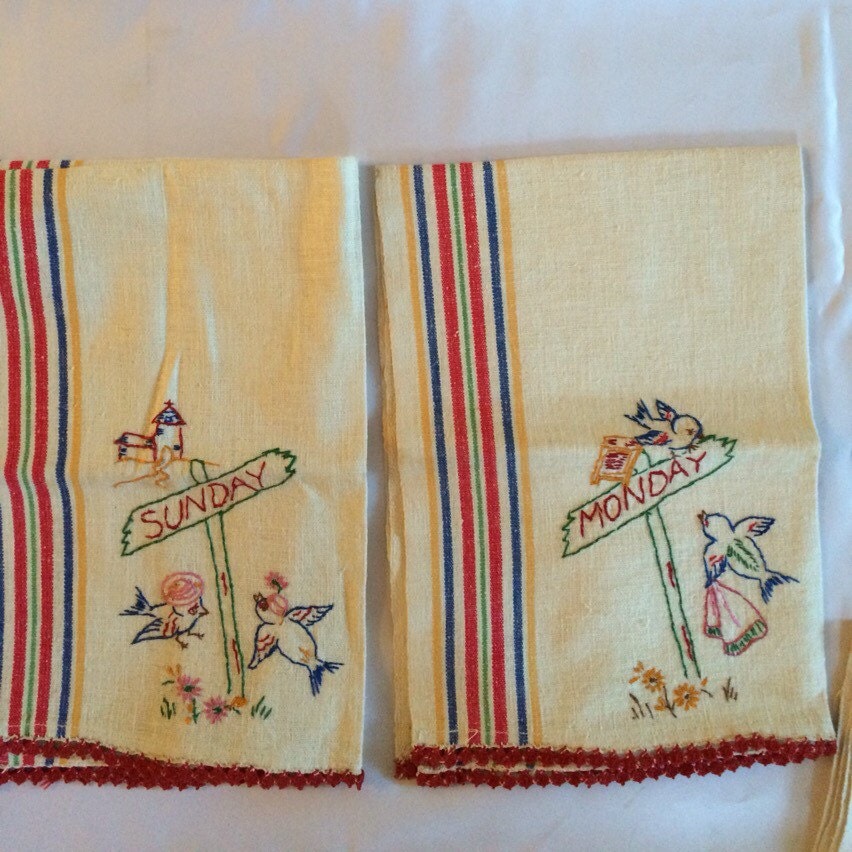 RESERVED Vintage Blue Bird Hand Embroidery Tea Towels Days