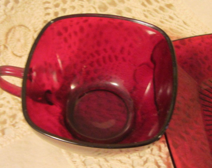 Vintage Mid Century Anchor Hocking Ruby Red Square Shaped Cup and Saucer, Red Cup and Saucer, Square Cup and Saucer, Ruby Red Serving Set