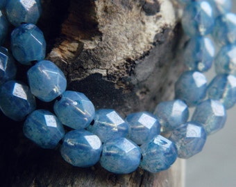Czech Glass Beads, Fire Polished beads, Faceted Round beads, Opal glass with Montana Blue luster, 6mm (40pcs) N E W