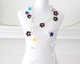 Crochet Purple, Ivory Lariat, Scarf, Necklace, Scarflette