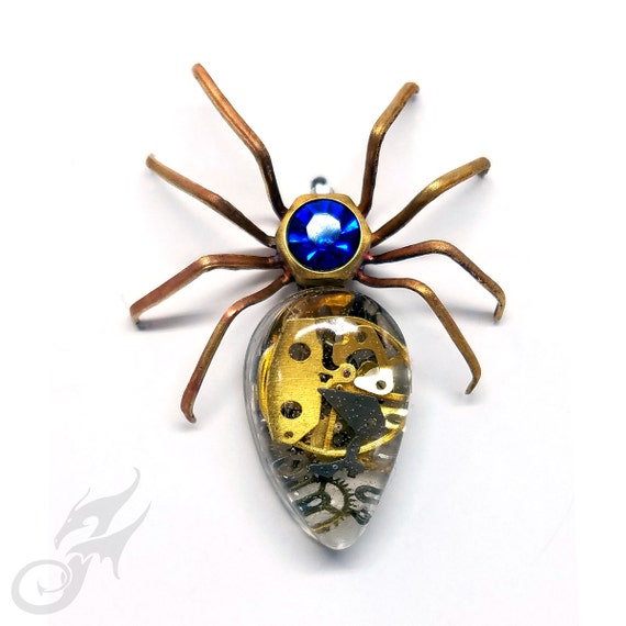 Victorian Steampunk SPIDER Pin ~ Brooch Lapel Pin ~ Watch Gears in Resin Cabochon ~ Sapphire Blue Rhinestone in Hex Nut Setting ~ #Pin0125 by FANTASTICALITYbyRTD steampunk buy now online