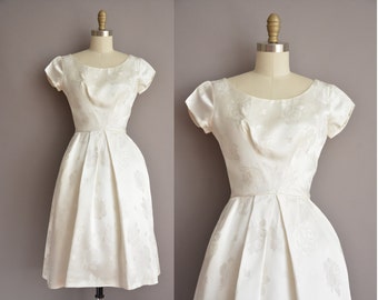 50s white rose print vintage party dress / vintage 1950s dress