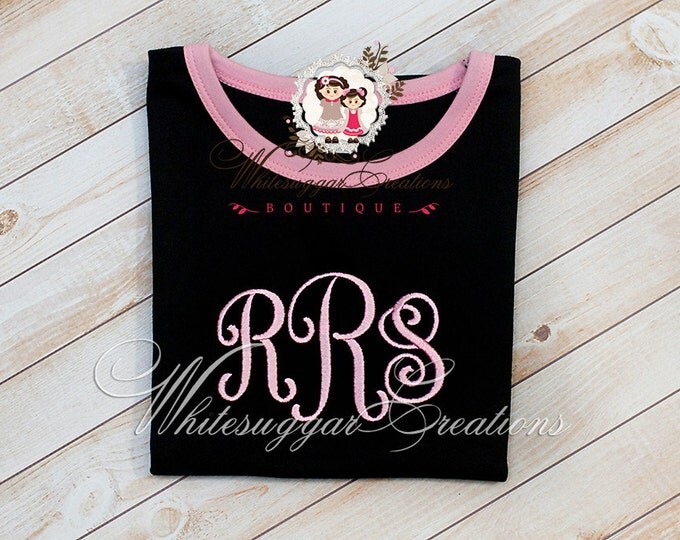 Girls Monogrammed Embroidered Shirt - Custom Personalized Shirt - Black and Pink Ringer Shirt